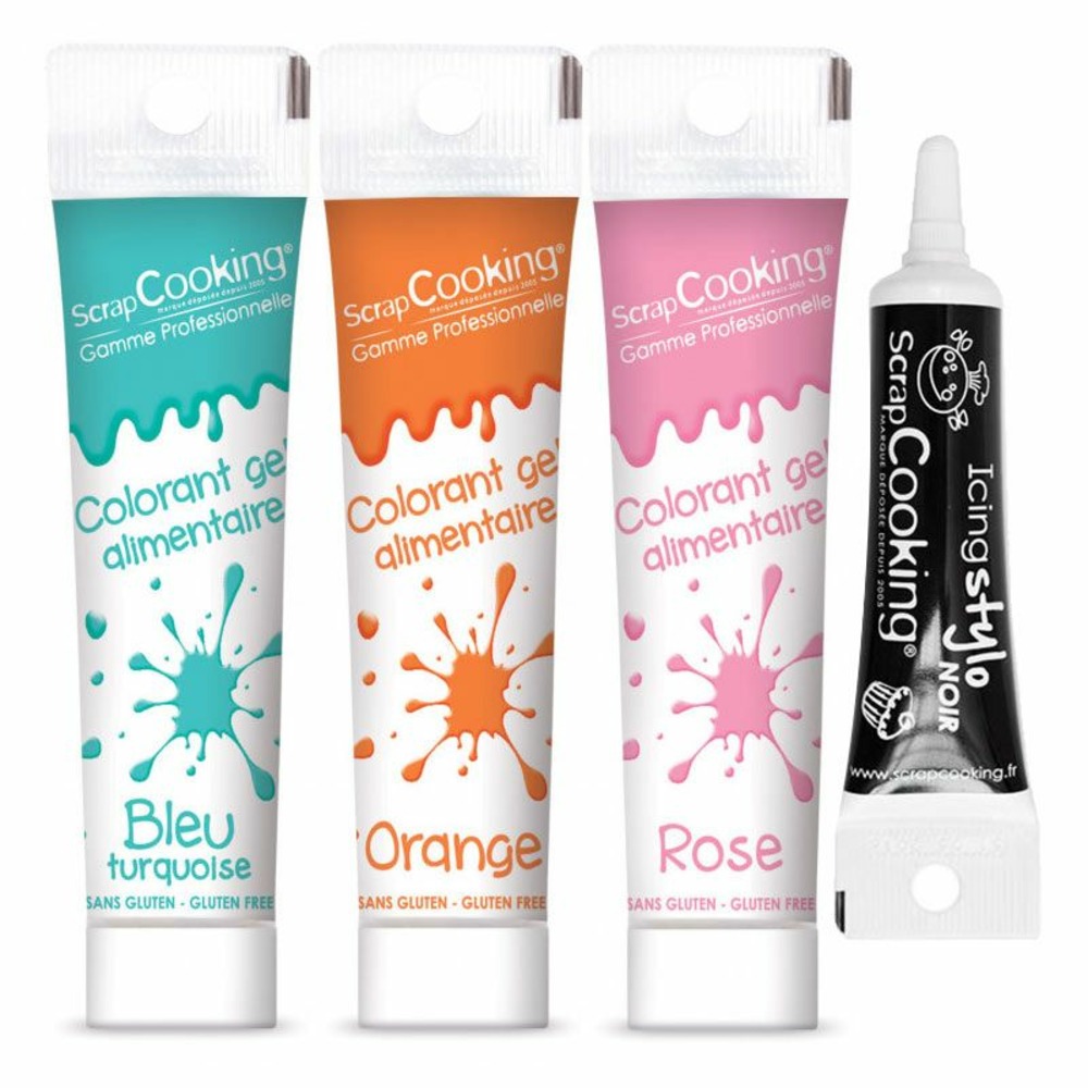3 colorants alimentaires en gel rose orange turquoise + stylo glaçage noir