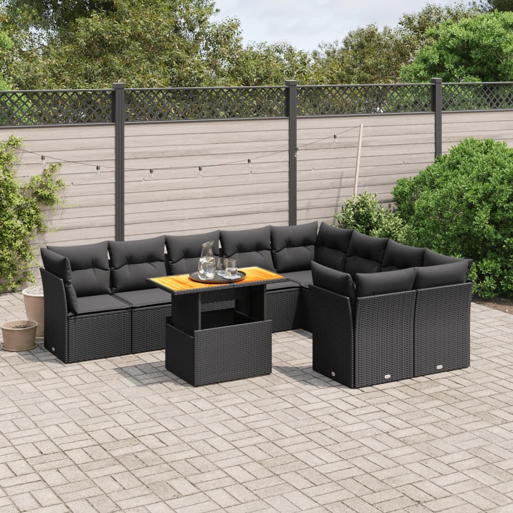 Salon de jardin 10 pcs avec coussins noir résine tressée