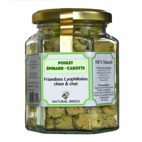 Friandises lyophilisées pour chien et chat – poulet, épinard et carotte – snack naturel