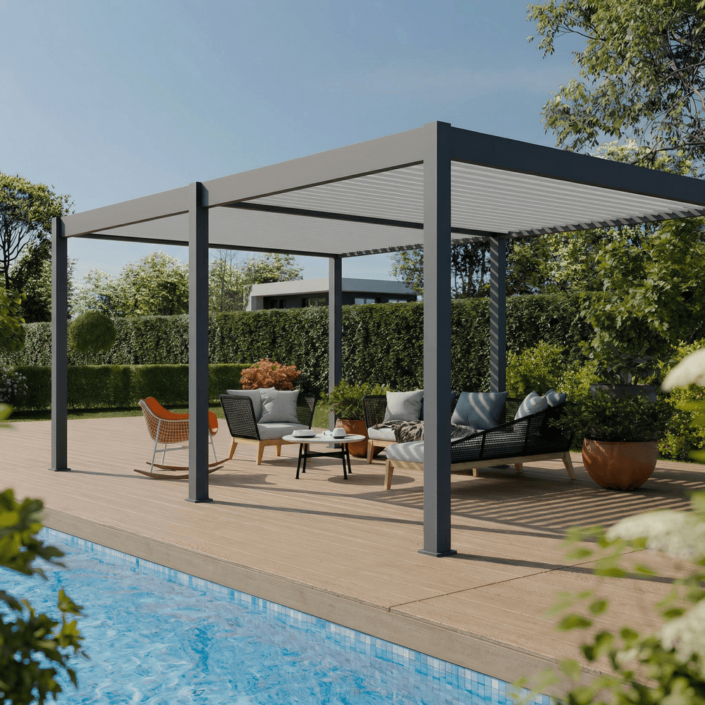 Pergola bioclimatique aluminium autoportee 19 m² - 3,6x5,3m - gris - eclipse - lames orientables de 0 à 120 degrés