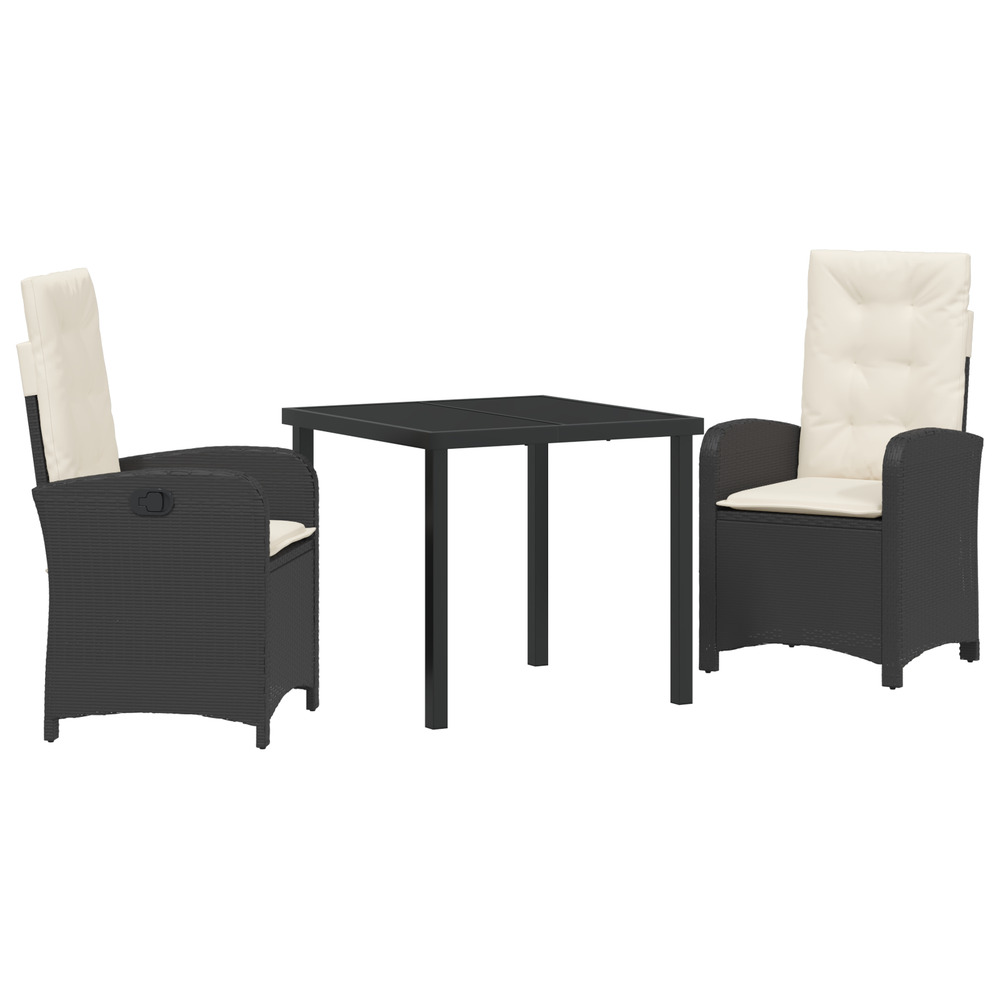 Set de salle à manger de jardin 3 pièces avec coussins rattan poly noir