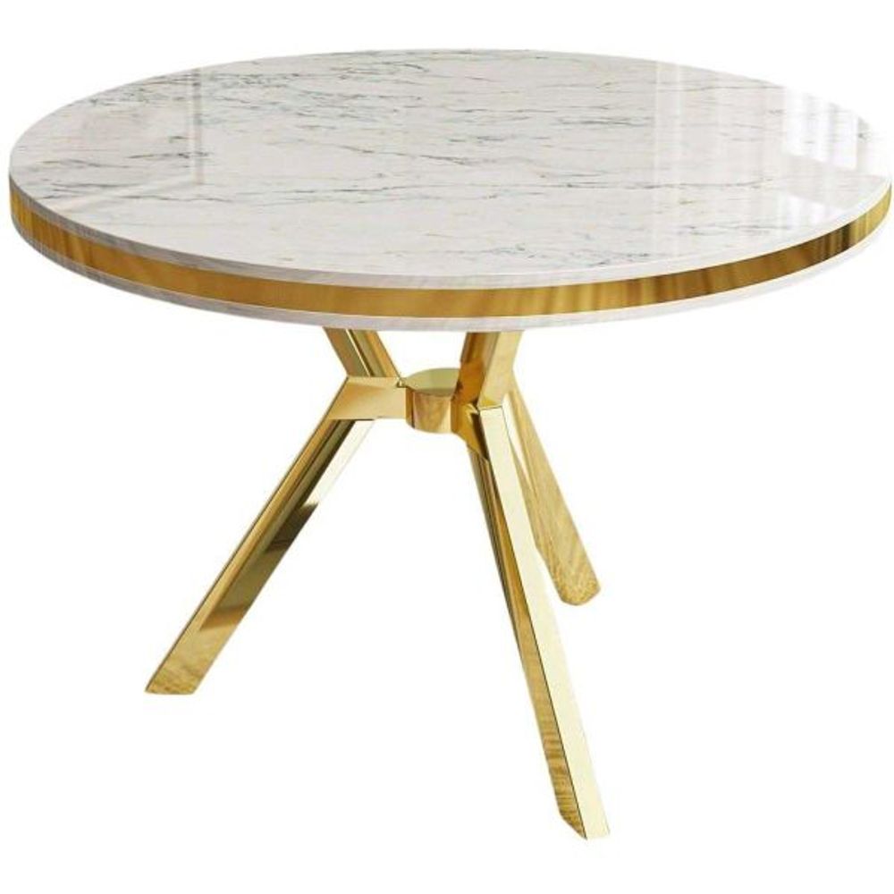 Table de repas ronde pieds métal mos blanc marbré et doré