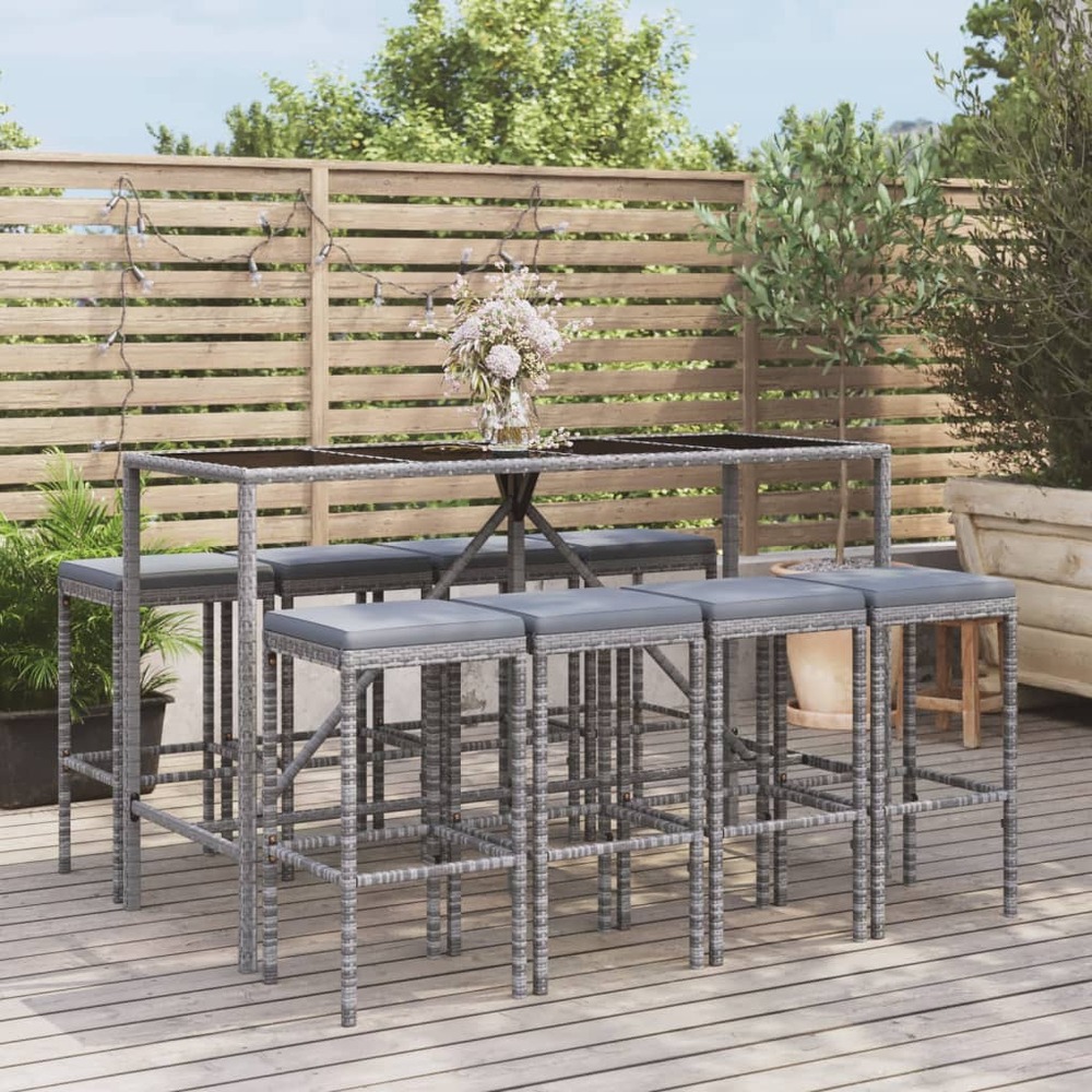 Ensemble de bar de jardin 9 pcs avec coussins gris poly rotin