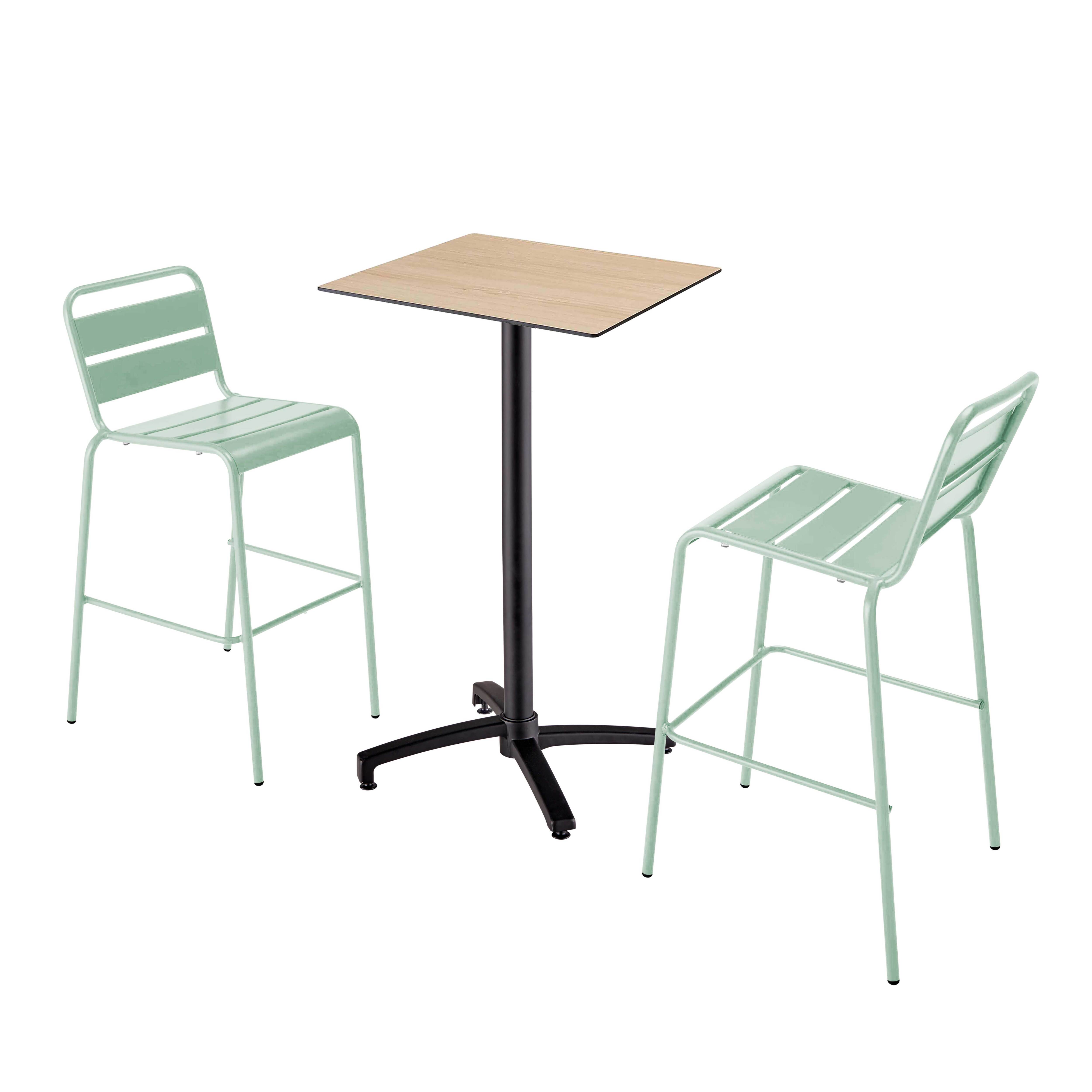 Ensemble table haute stratifié chêne et 2 chaises hautes vert sauge