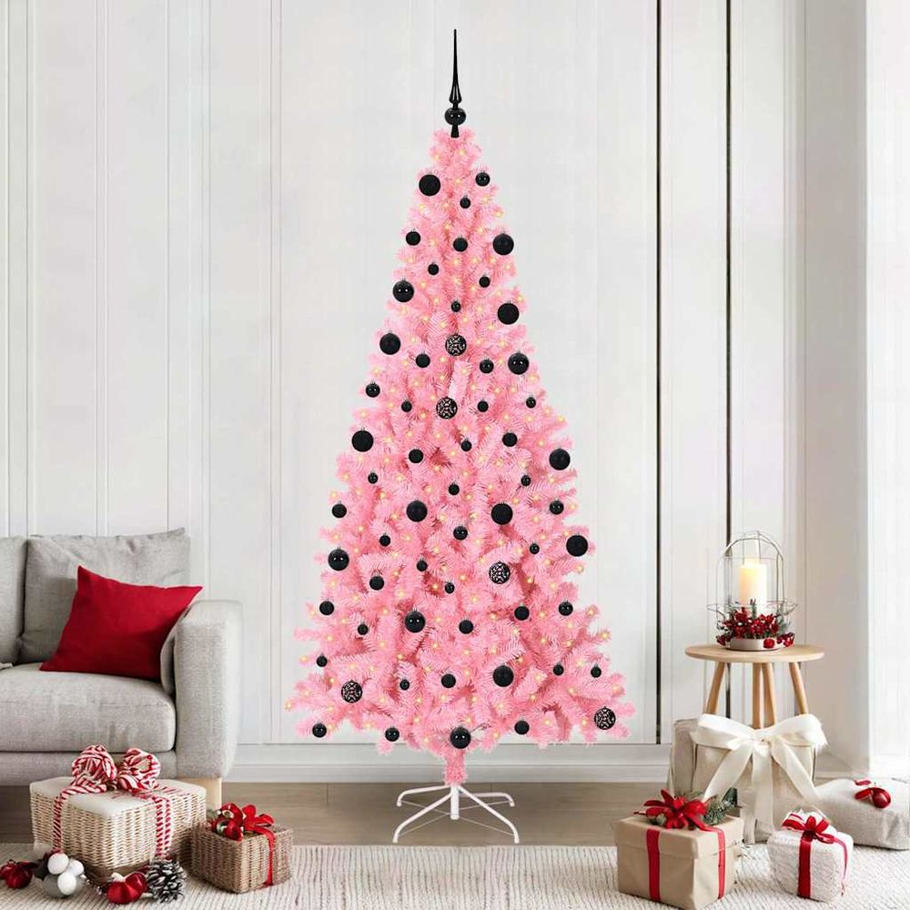 Sapin de noël artificiel rose 210 cm, kit décoration complet 300 led & 120 boules