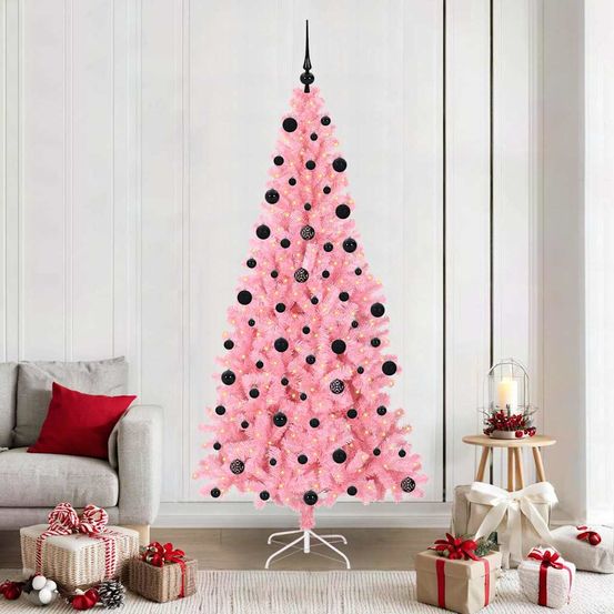 Sapin de noël artificiel rose 210 cm, kit décoration complet 300 led & 120 boules