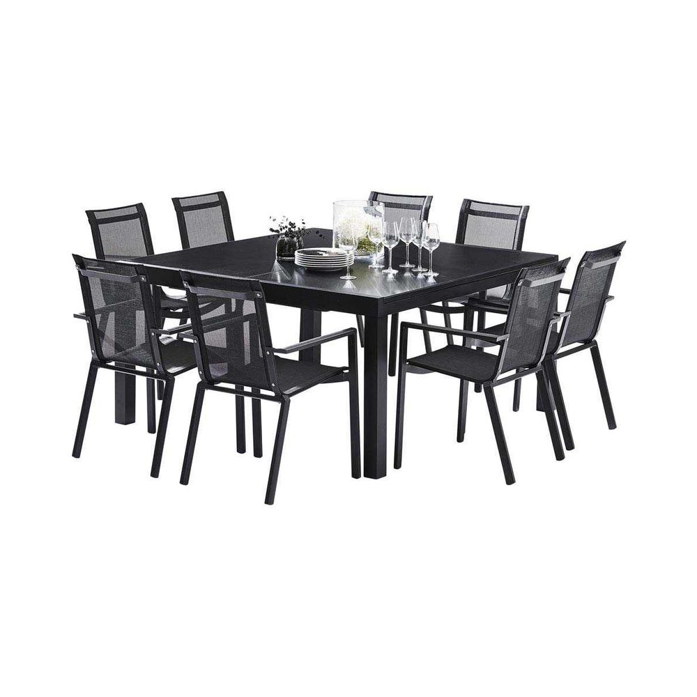 Ensemble de jardin aluminium noir 8/12p avec 8 fauteuils blackstar