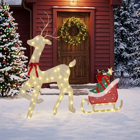 Décoration de noël renne et traîneau en fil métallique et polyester or rouge vert 125