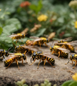 plusieurs guêpes posés sur une pierre dans un jardin