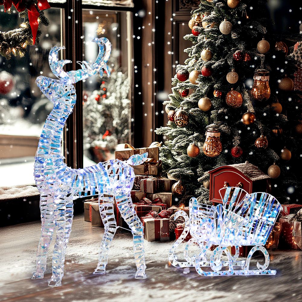 Décoration de noël renne et traîneau en pp argent 115 cm