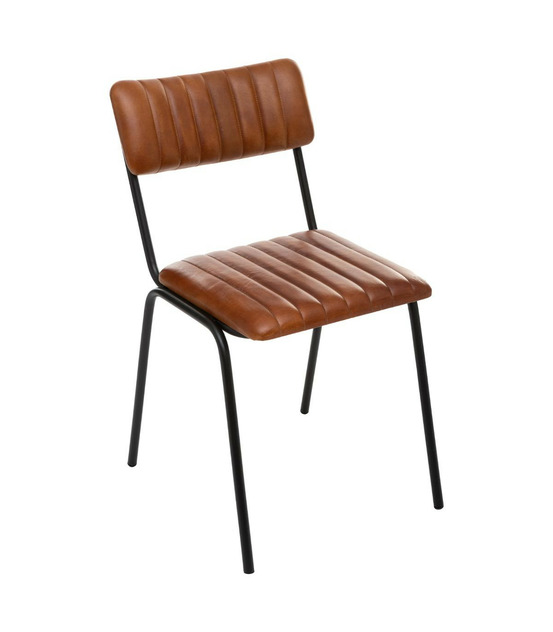 Belle chaise de table en cuir marron cognac et pieds en fer