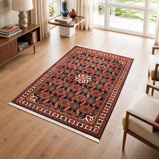 Tapis d'orient, 100 x 144 cm, noir, rouge et vert, noué à la main, hamadan 31