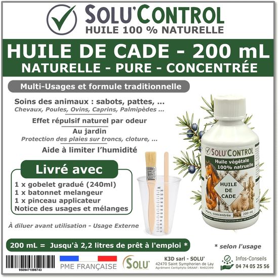 Huile de cade pure concentrée – soin traditionnel multi-usages pour animaux, sabots, bois et zones exposées – flacon de 200ml