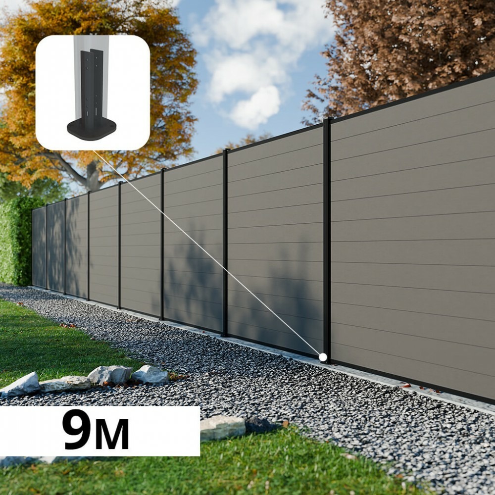 Kit clôture composite rio platines 9x1,8m - bois composite & aluminium - poteaux noir sur platines- brise vue - palissade