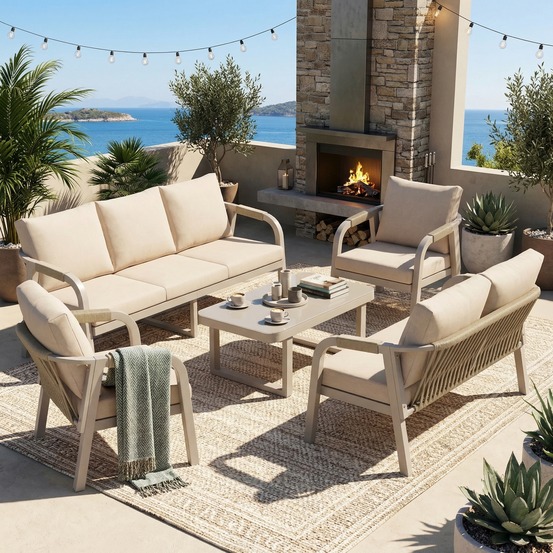 Ensemble jardin 7 places : canapés 3/2 places, 2 fauteuils, table verre, fer galvanisé, tressé, beige, confortable