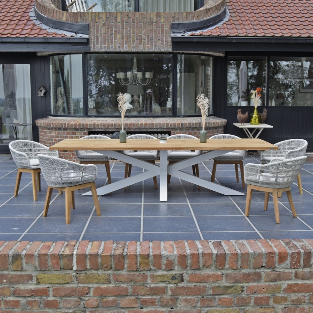 Table métal blanc et teck recyclé 240 cm, conceptual