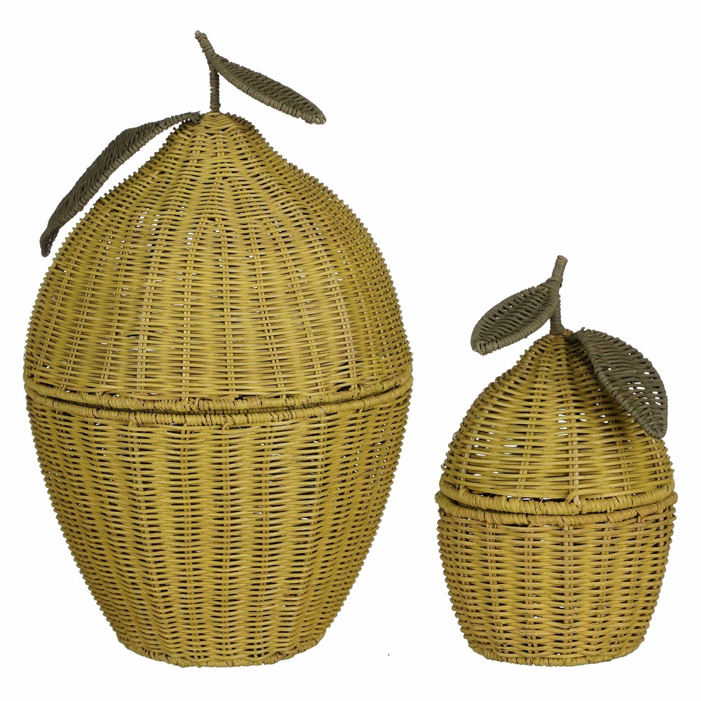 Mica decorations paniers de rangement avec couvercle - lot de 2 - h48 x ø30 cm - rotin - jaune
