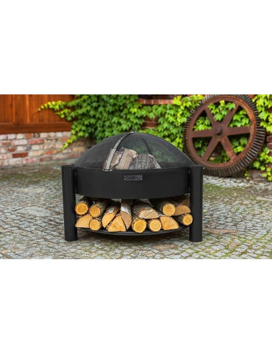 Brasero de jardin solafa avec range bois en acier + pare-feu-noir-noir-ø 60cm--