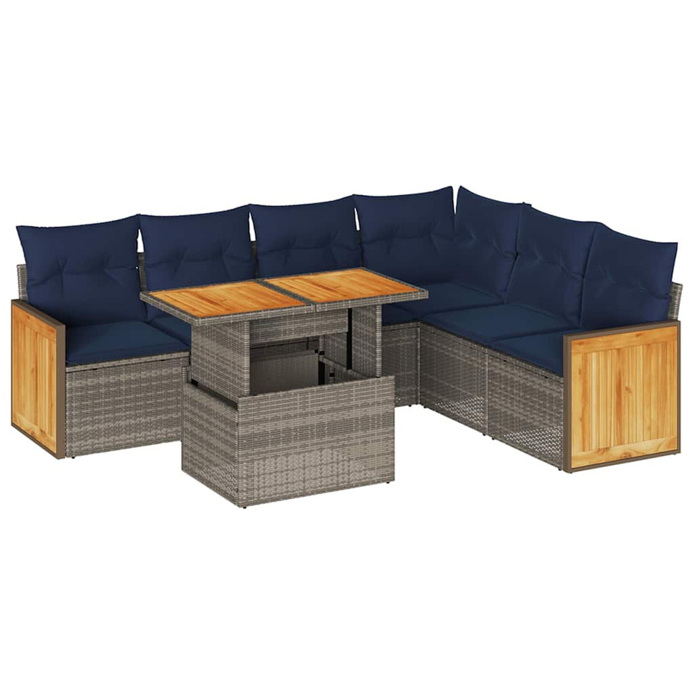 Salon de jardin avec coussins 7 pcs gris résine tressée acacia