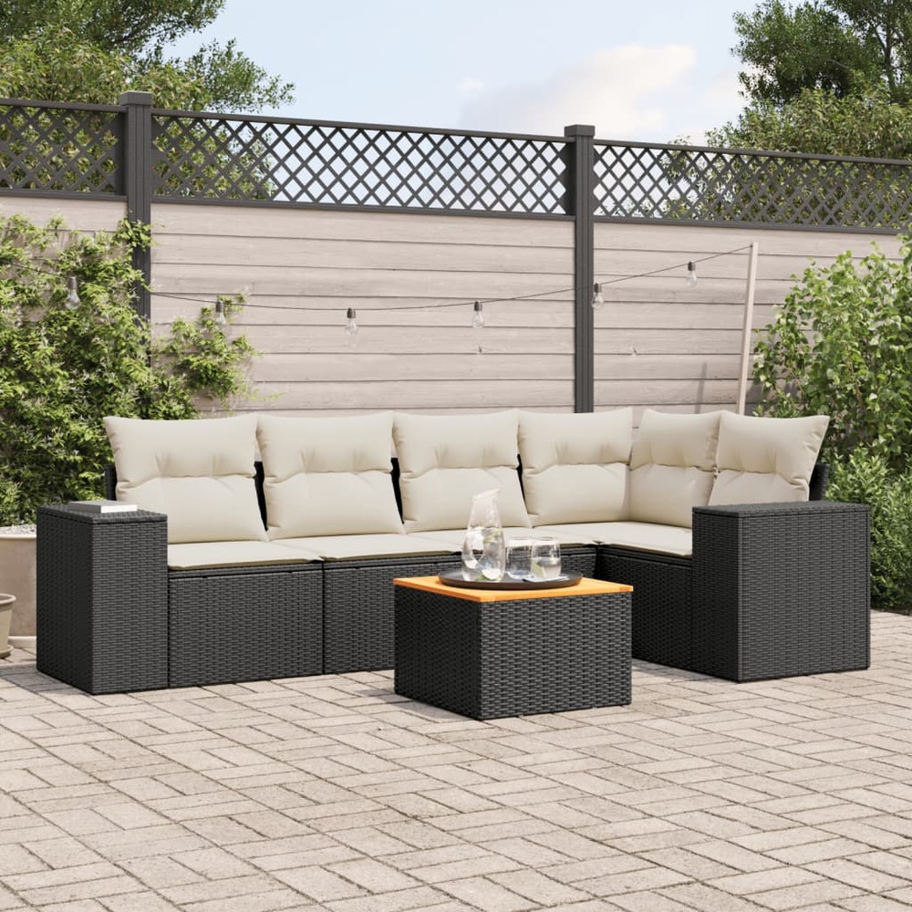 Salon de jardin 6 pcs avec coussins noir résine tressée