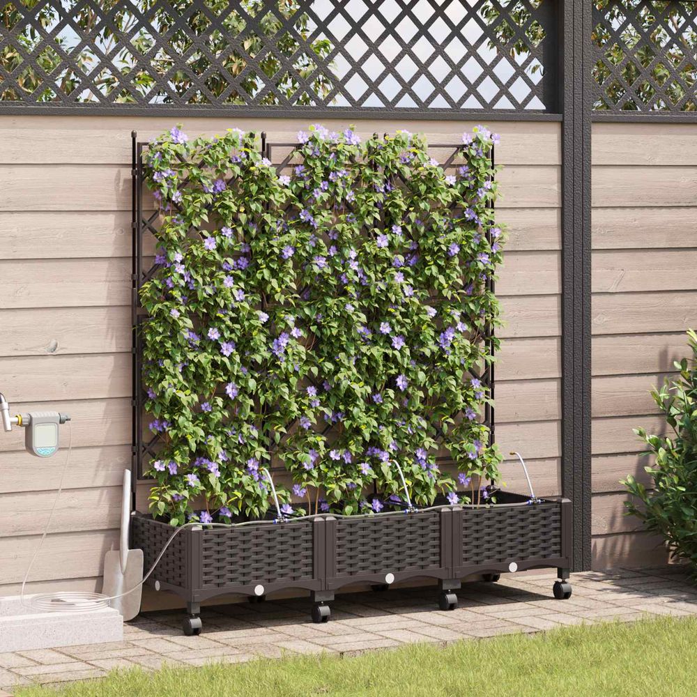 Bac à fleurs sur roulettes avec treillis système irrigation intégré 120x40x132cm marron