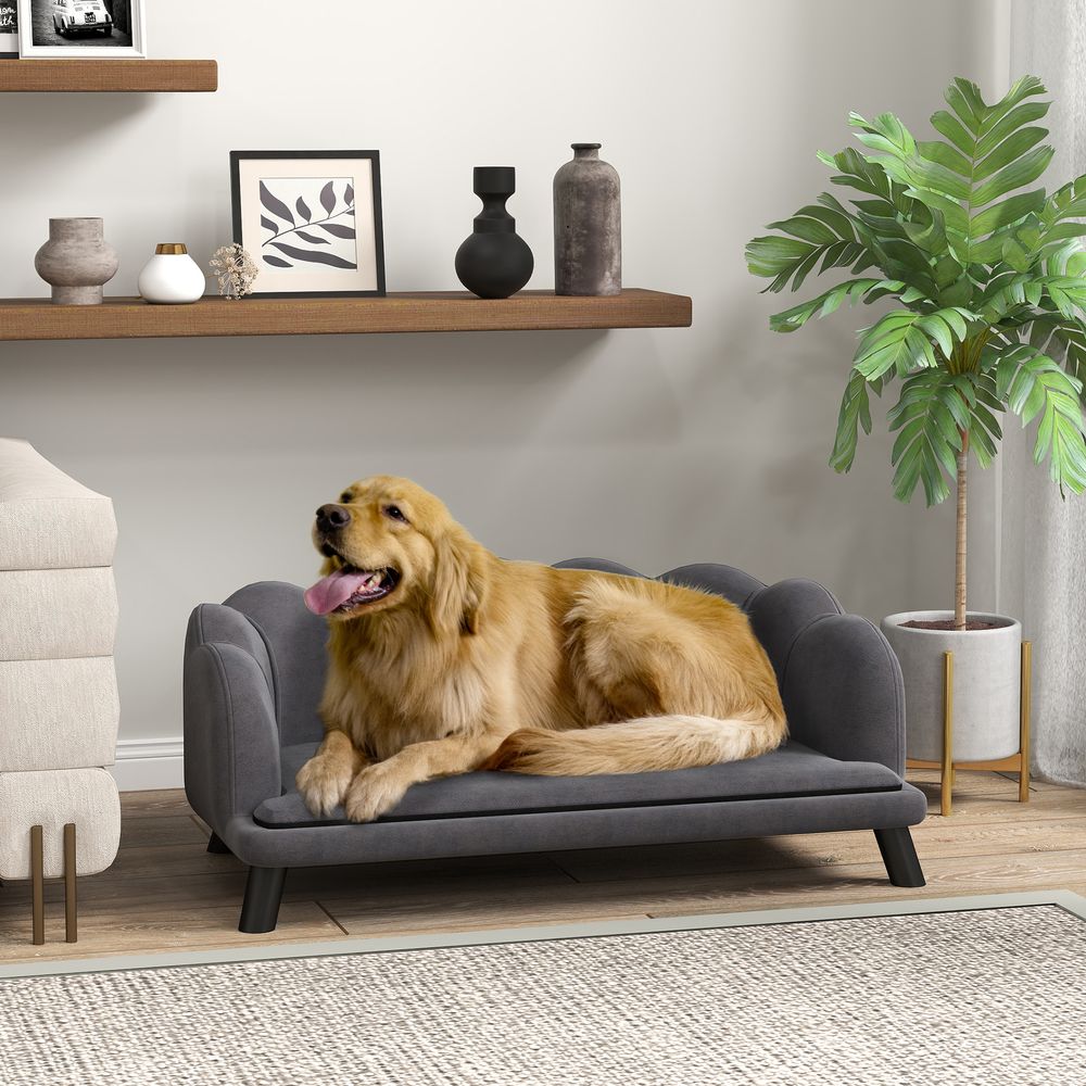 Canapé chien luxe velours gris 98cm pieds bois massif design coquillage chien moyen - comfortxl pet living