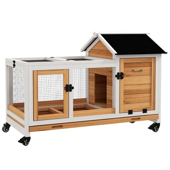 Clapier à lapin mobile en bois sur roulettes pour intérieur et extérieur 108 cm naturel
