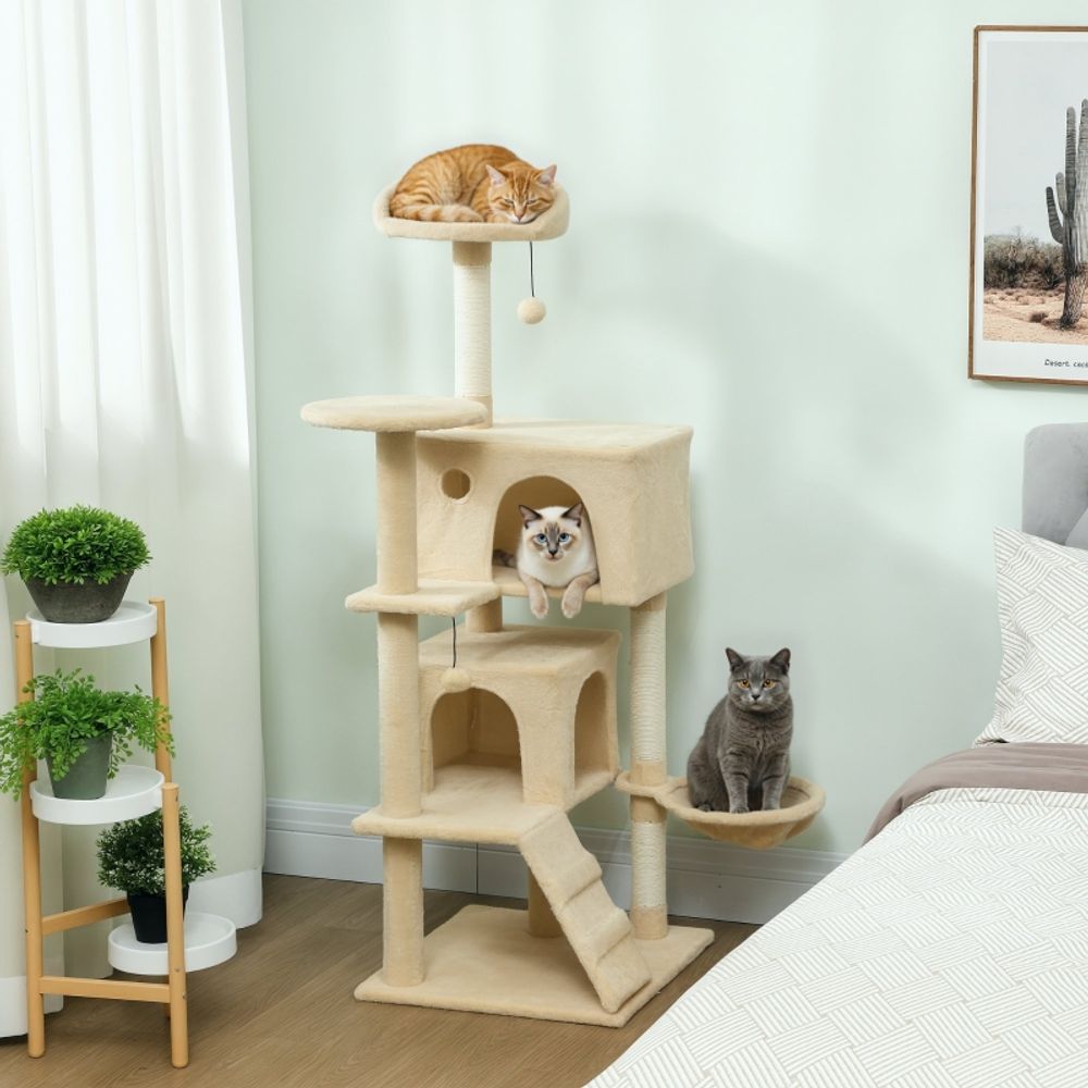 Arbre à chat 140cm sisal hamac niche griffoir jeu beige