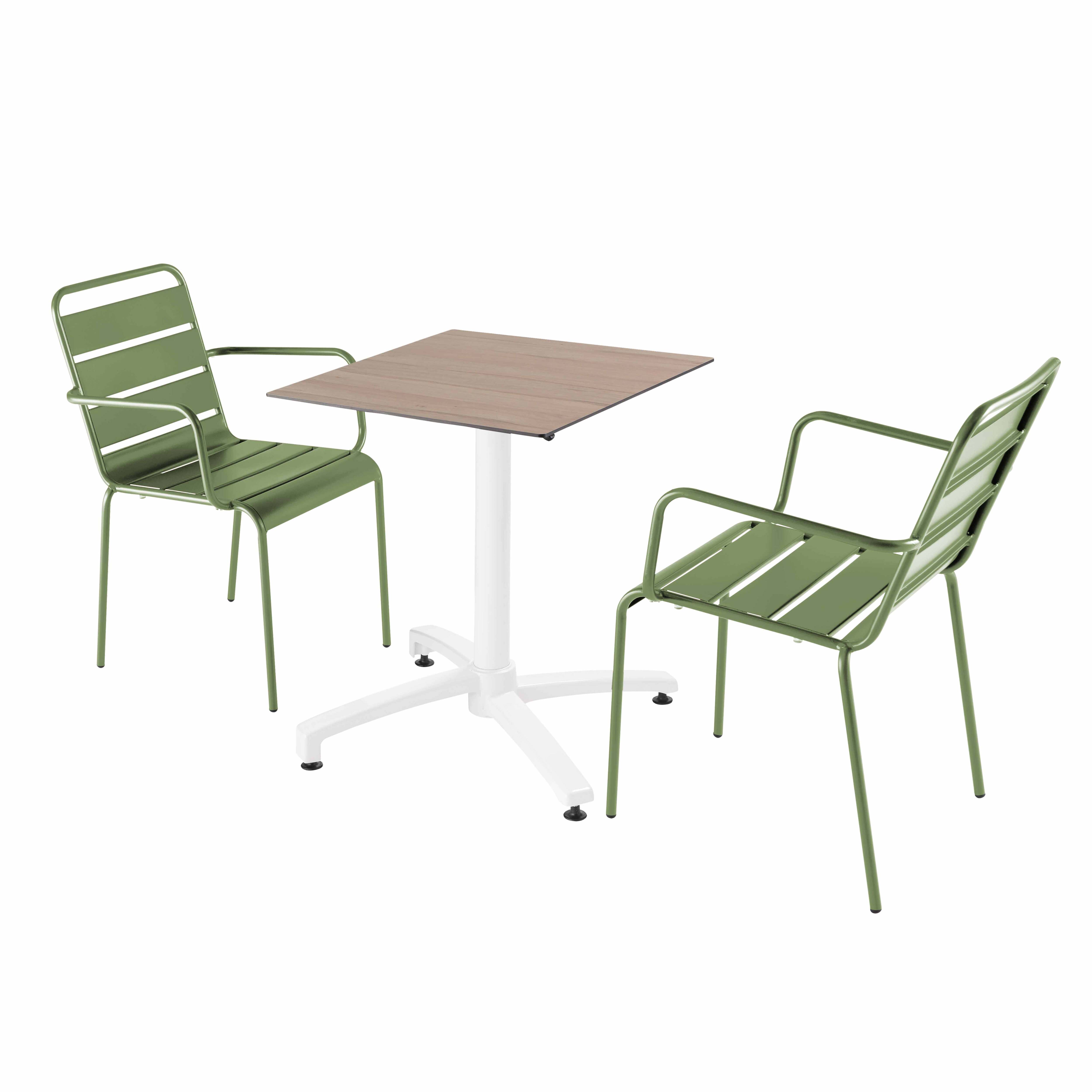 Ensemble table de terrasse stratifié chêne et 2 fauteuils vert cactus