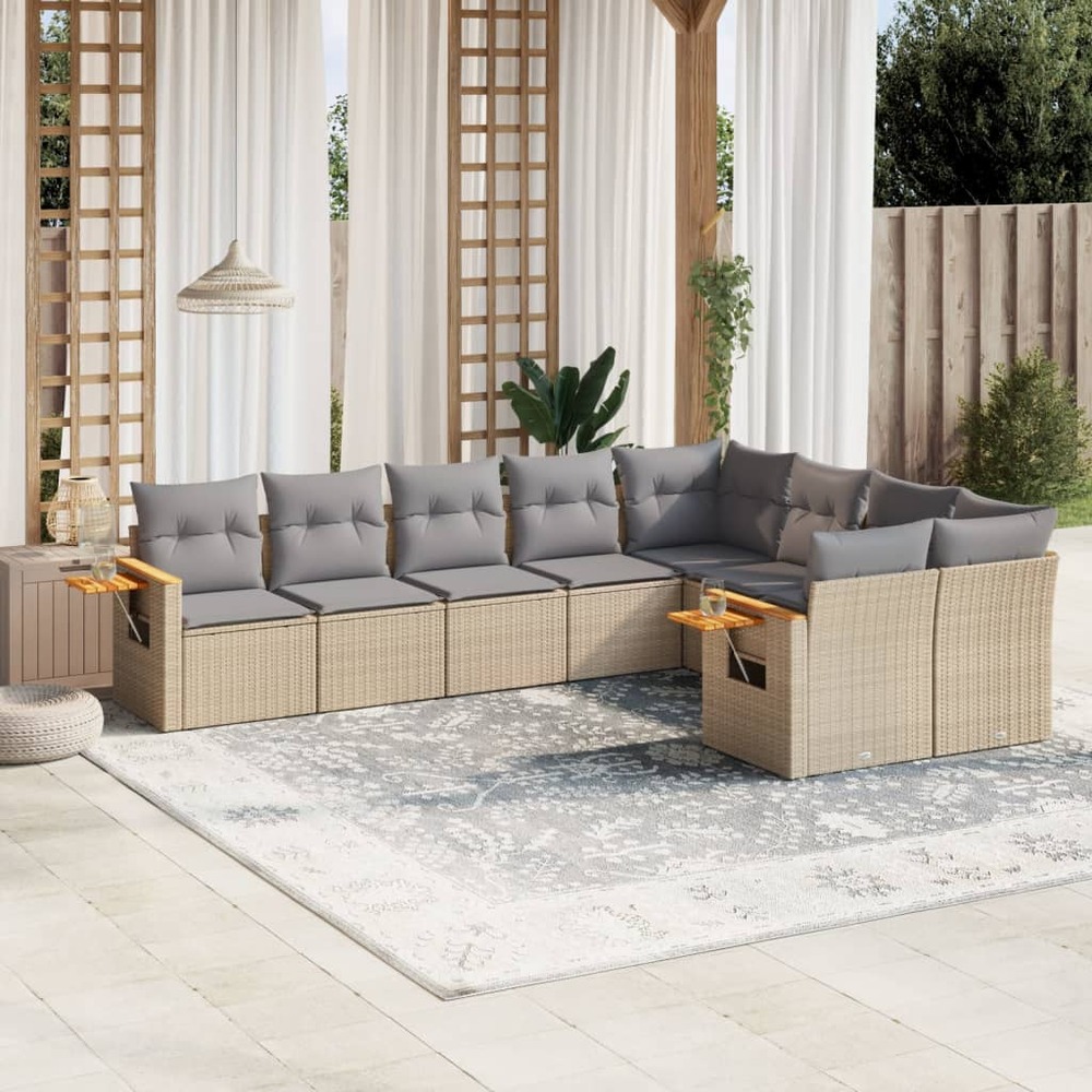 Salon de jardin avec coussins 9 pcs beige résine tressée