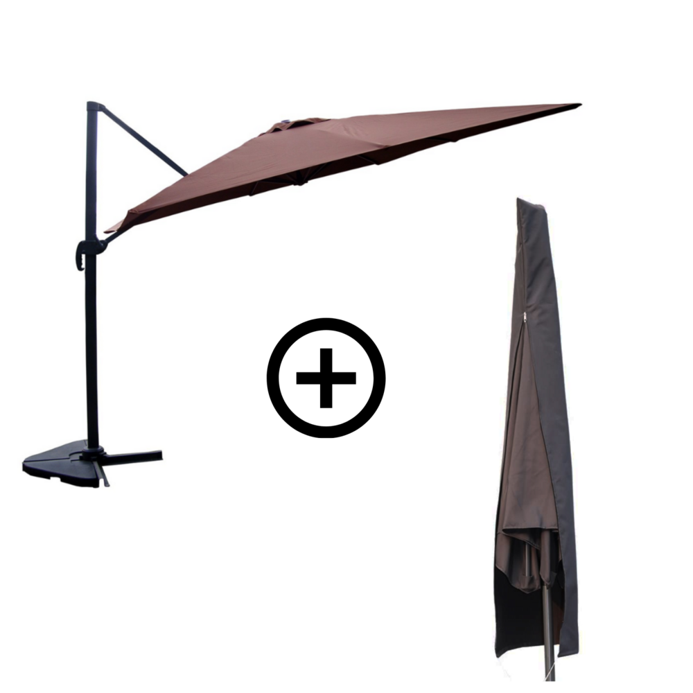 Bundle parasol rectangulaire 3x4m déporté rotatif marron aluminium + housse cesare