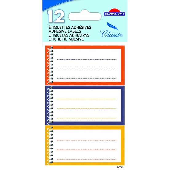 12 étiquettes adhésives scolaires - cahier spirale - couleurs chaudes