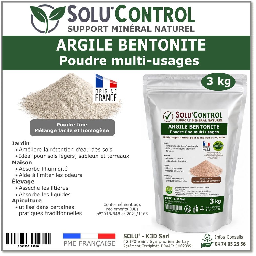 Argile bentonite naturelle en poudre 3 kg solu'control – fort pouvoir absorbant – rétention d'eau – jardin, terreau, sols sableux