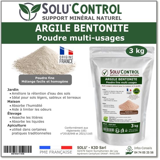 Argile bentonite naturelle en poudre 3 kg solu'control – fort pouvoir absorbant – rétention d'eau – jardin, terreau, sols sableux