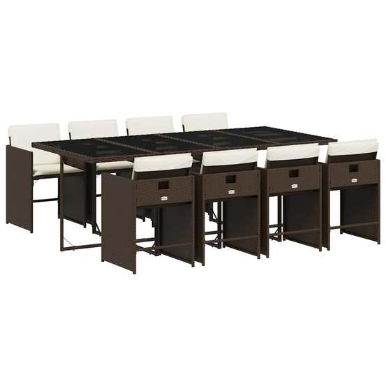 Ensemble à manger de jardin et coussins 9 pcs marron poly rotin