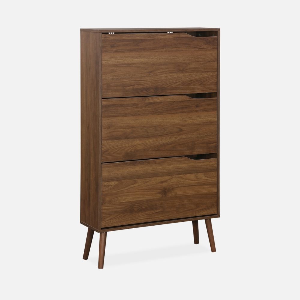 Meuble à chaussures scandinave / vintage décor bois 3 portes abattantes capacité 18 paires de chaussures