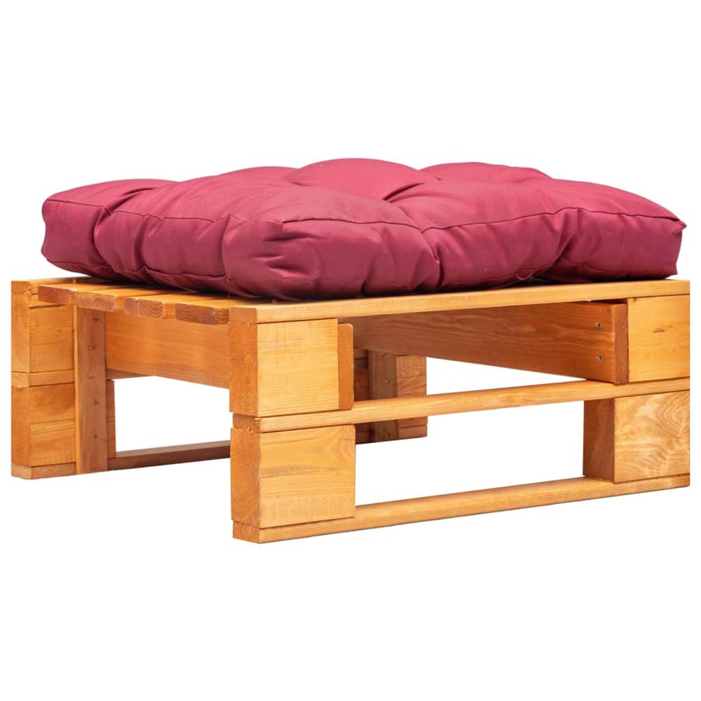 Repose-pied palette de jardin et coussin rouge marron miel bois