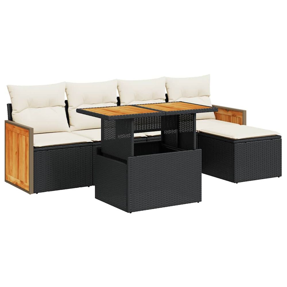 Salon de jardin 6 pcs avec coussins noir résine tressée acacia