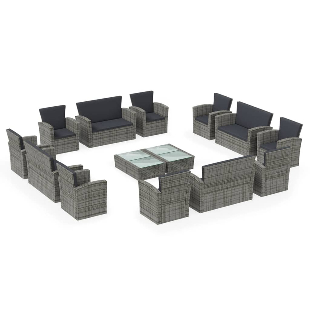Salon de jardin 16 pcs avec coussins résine tressée gris