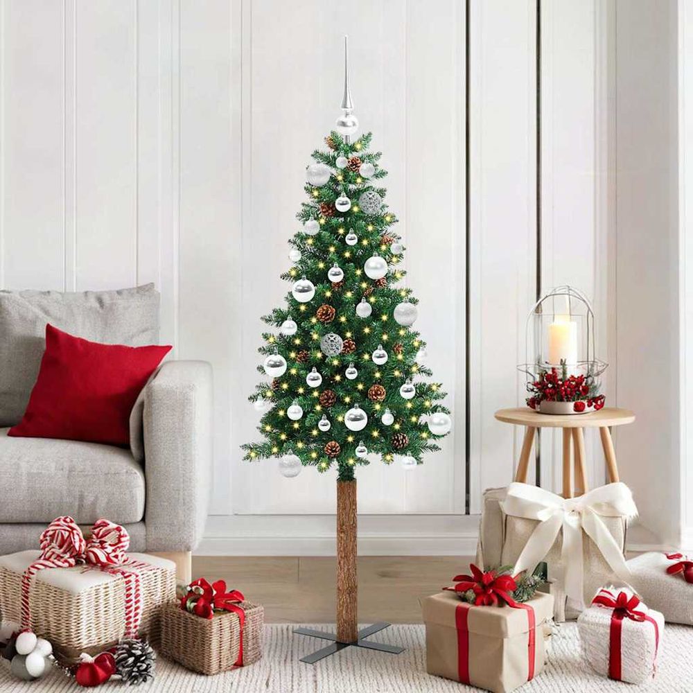 Sapin de noël artificiel mince 150 cm, tronc en bois véritable et 150 led intégrées, décorations incluses