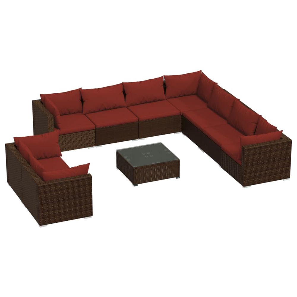 Salon de jardin 10 pcs avec coussins marron résine tressée
