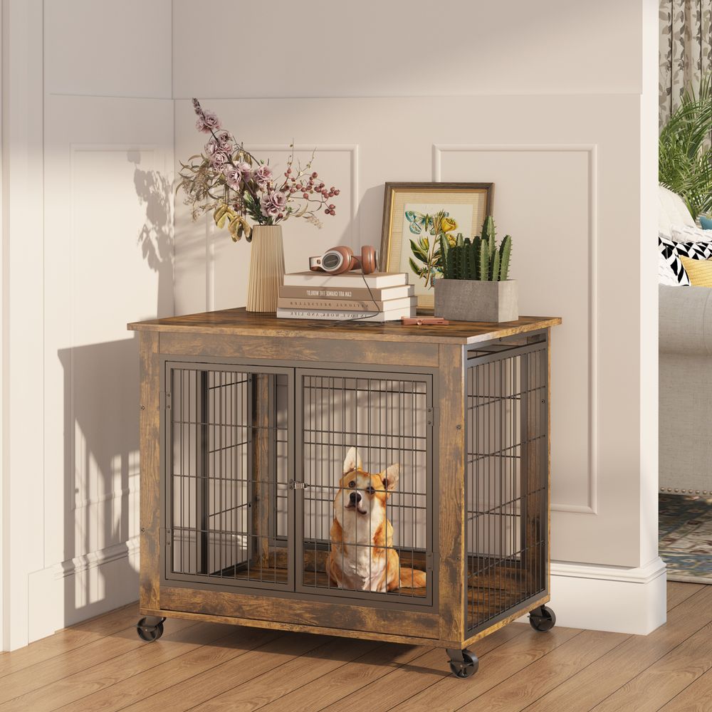 Cage meuble chien bois métal intérieur toit ouvrant roulettes 80x56x69.5cm marron