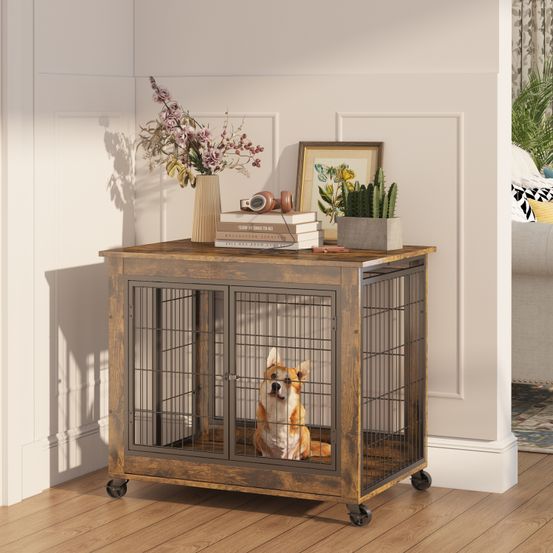 Cage meuble chien bois métal intérieur toit ouvrant roulettes 80x56x69.5cm marron