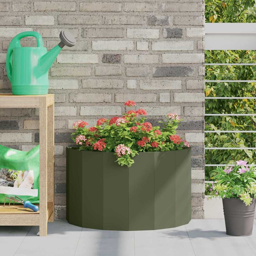Jardinière demi-ronde en acier pour balcon vert olive 60x30x35 cm