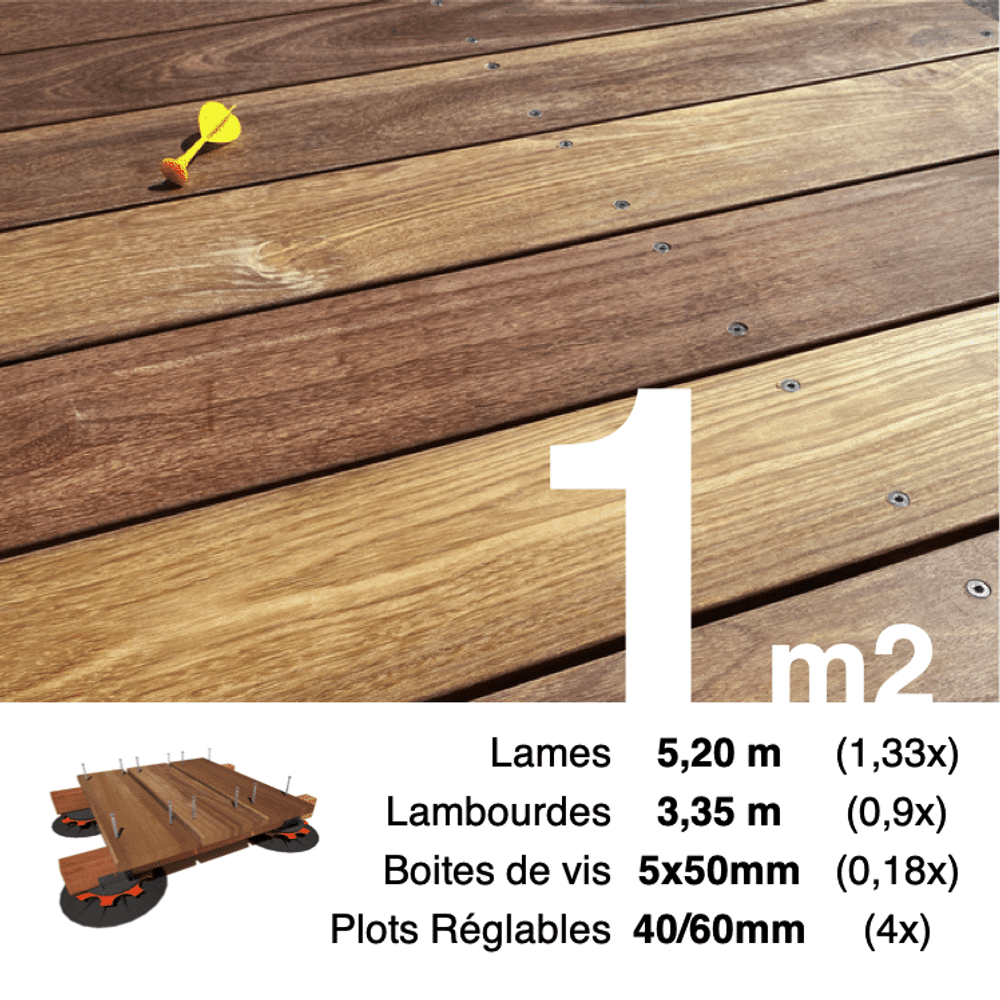 Kit complet terrasse bois exotique cumaru pour 1 m², lames 5,2 m, lambourdes 3,35 m, plots réglables et visserie inox.