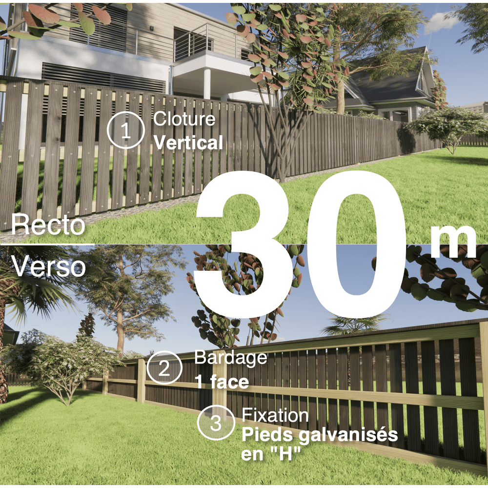 Kit clôture bois moderne 30m – h 0,9m – 20 x 70 mm noir par trempage – pose vertical – simple face – support galva