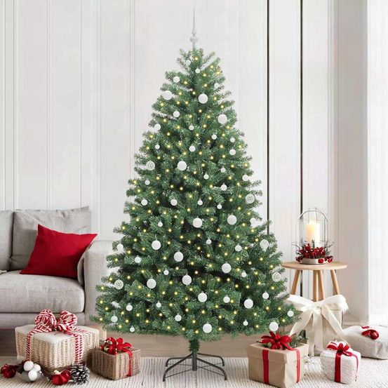 Sapin de noël intérieur/extérieur abrité 210 cm, en pvc, lumineux et entièrement décoré