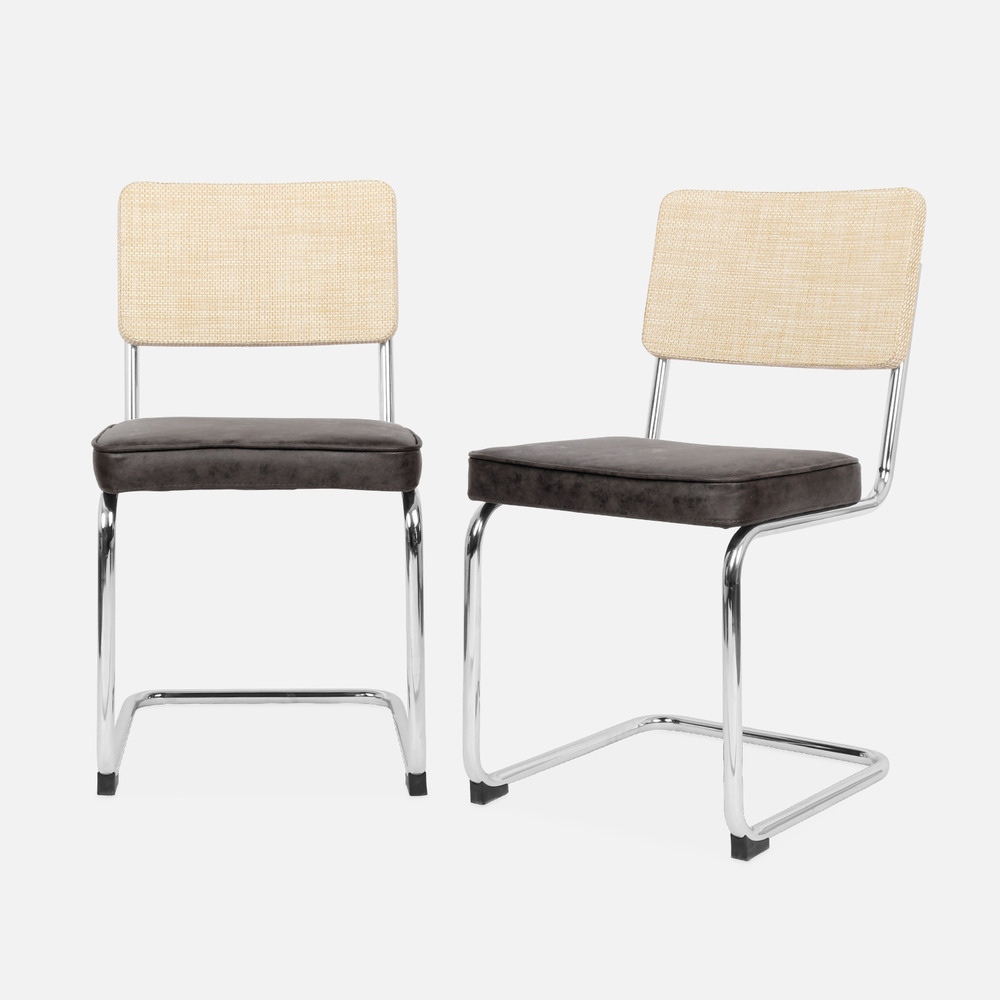 2 chaises cantilever - maja - tissu noir et résine effet rotin. 46 x 54.5 x 84.5cm