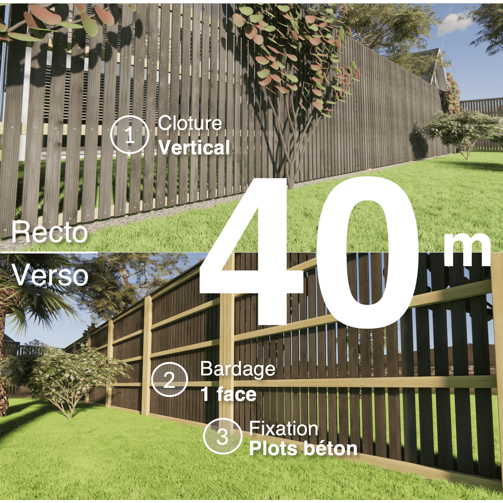 Kit clôture bois moderne 40m – h 2,3m – 20 x 70 mm noir par trempage – pose vertical – simple face – à sceller