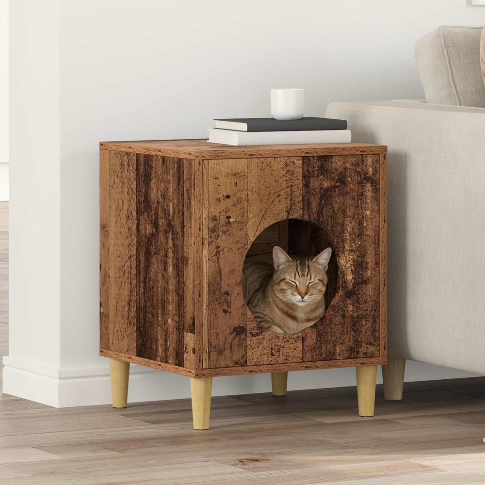 Cube chat design bois ancien repos brun 53cm pour chat vintage solide